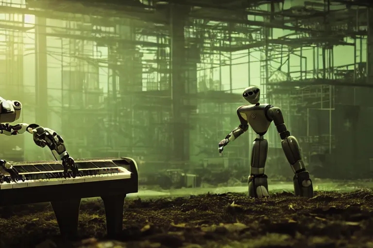 Image similar to a factory robot is playing the piano, post apocalypse green everywhere, 4k, ultra details, cinematic, epic style, beautiful photo, hyper realistic, octane render, unreal engine, award winning, on artstation, volumetric lightning, masterpiece, golden hour,