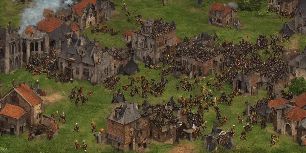 Image similar to RTS gameplay third person in style of Brueghel, painting, Age of Empires 2 gameplay, Stronghold 1, dark colors, contrast colors, high detailed, fantasy, medieval, buildings, castle, armored units, RPG, high contrast, octane render