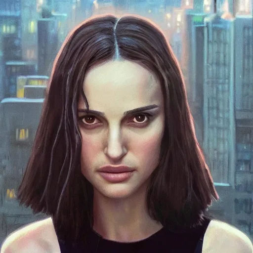 Image similar to closeup portrait of natalie portman from the movie leon the professional, matilda, city background, dramatic light, gorgeous view, depth, high detail, digital art, painted by greg rutkowski and seb mckinnon, by tim burton, trending on artstation