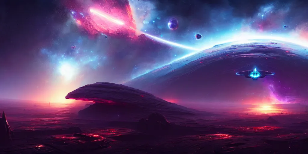 Image similar to beautiful epic space landscape with a intricate stunning spaceship, nebula, vivid colors, digital art, landscape, fantasy art, octane render, unreal engine, high detail, very realistic, by greg rutkowski. by james gurney