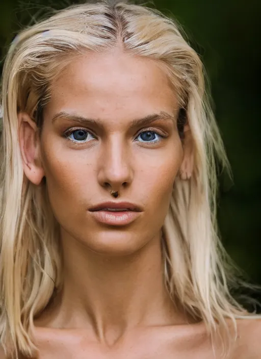 Image similar to photograph of an olive skinned blonde female model in her late twenties, her hair pinned up, wearing a designer top, looking content, focused on her neck, facing the camera, photo realistic, extreme detail skin, natural beauty, no filter, slr, golden hour, 4 k, high definition, selfie, by steve mccurry