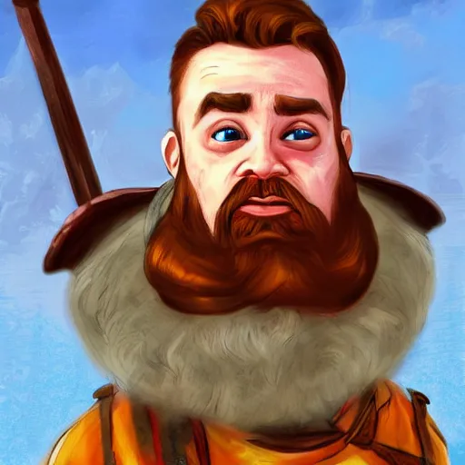 Prompt: Spring David Patrick Kelly Exploring Santorini, Greece a time traveling English soldier, inspired by Simon Bisley The portrait of a dwarven knight in full plate, looking at the camera with a confident smile and a red beard. ArtStation style. colorful furby