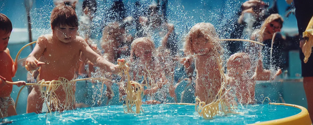 Image similar to shame at sea world playing with spaghetti, water splashing,, small details, intricate, sharply focused, canon 5 0 mm, wes anderson film, kodachrome