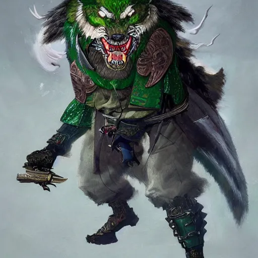 Prompt: masterpiece painting of a Kimono wearing Japanese Armored Werewolf, angry wolf face, green emerald on forehead, with a large Katana, light grey fur, featured in artstation, concept art by Greg Rutkowski, WLOP, Dan Mumford, Christophe Vacher