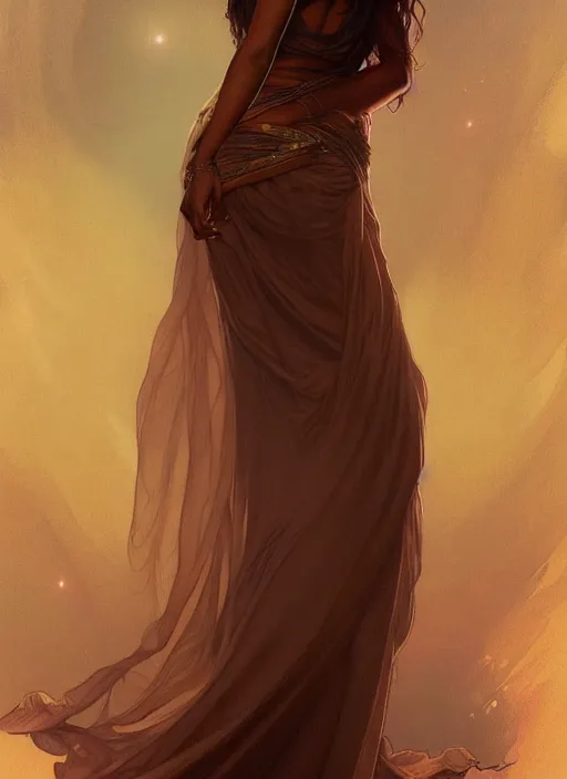 Image similar to cute brown woman wearing a transparent night gown, fantasy, intricate, highly detailed, digital painting, artstation, concept art, wallpaper, smooth, sharp focus, illustration, art by artgerm and greg rutkowski and alphonse mucha