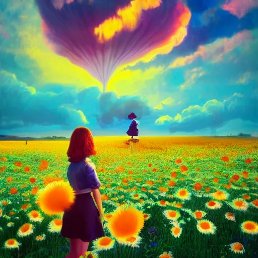 Prompt: full body daisy flower head, girl standing in a flower field, head hidden behind the huge daisy flower, surreal photography, sunrise, dramatic light, impressionist painting, colorful clouds, digital painting, artstation, simon stalenhag