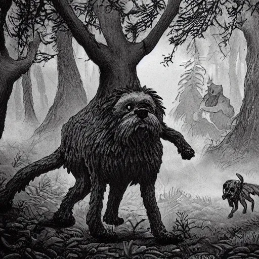 Image similar to a monster with head of a human and body of a dog running through the forest, trees looking like pommes