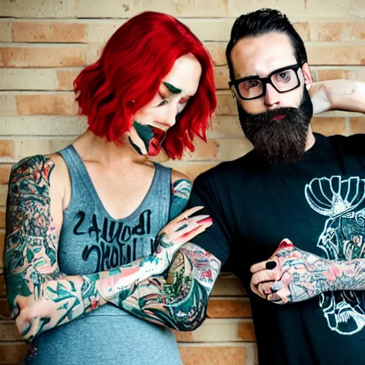 Prompt: a woman with straight red hair and a man with a dark well groomed beard and tattoos frowning at peas and pumpkin