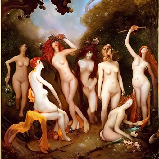 Prompt: the maenads partying at a bacchanalia. by peter mohrbacher and john singer sargent.