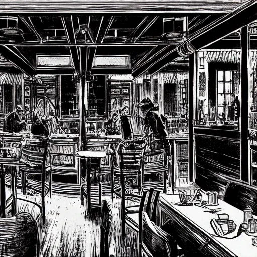 Prompt: interior of a 1 9 th century western american tavern, the bar, many bottles of wine, cimenatic, dramatic lighting, mystery and cool, ultra - wide view, westworld style, by moebius, katsuhiro otomo, tsutomu nihei, laurie greasley