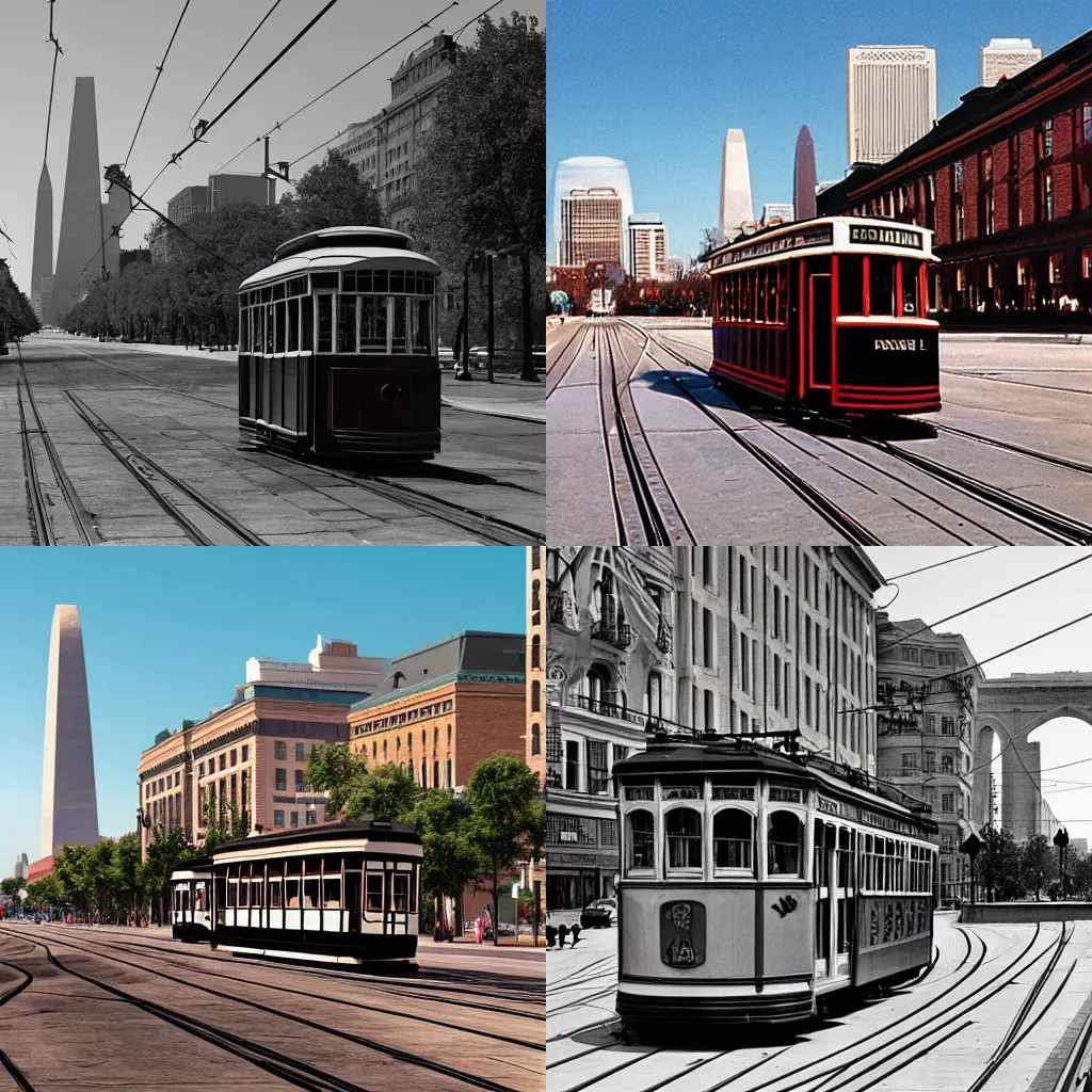 Prompt: an old style tram running through the streets of st. louis with the gateway arch in the background, photorealistic