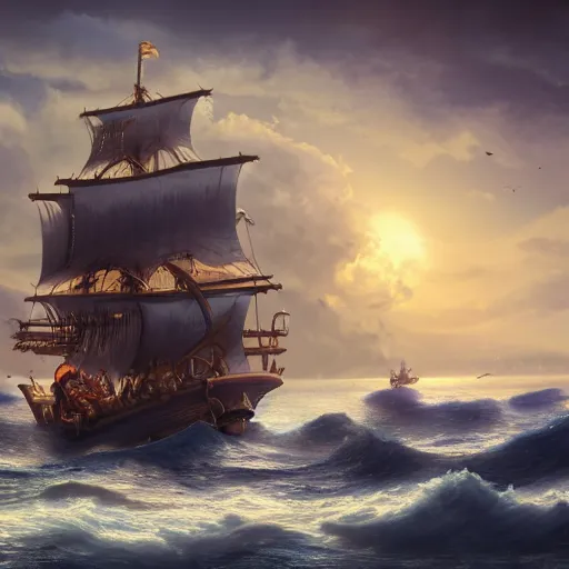 Image similar to A Wide Shot artistic masterpiece of a giant pirate ship, sun, clouds, ocean, 4k, ultra detailed, artstation