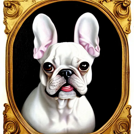 Prompt: a renaissance style portrait painting of a small mostly white female french bulldog with drooping ears, wearing a crown and cape, dark background. trending on artstation.