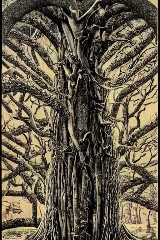 Image similar to vintage magazine advertisement depicting all of the knowledge in the world as a tree, by hr giger