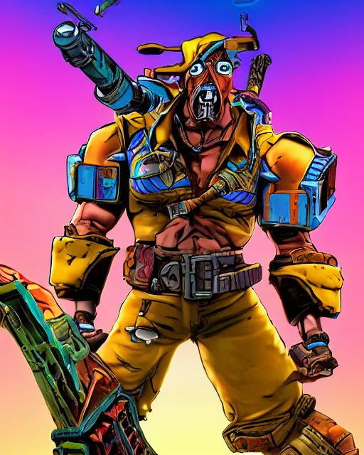 Prompt: cel - shaded gunzerker salvador from borderlands 2, airbrush, drew struzan illustration art, key art, movie poster