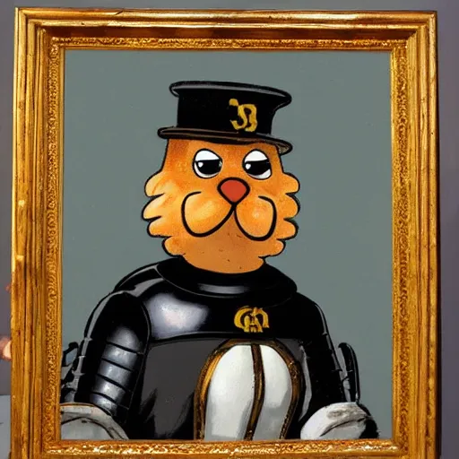 Prompt: garfield in a black armour, in front of a mirror in the style of an old painting