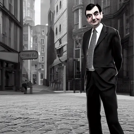 Image similar to mr. bean on the street, black and white color aesthetic, highly detailed, photorealistic portrait, bright studio setting, studio lighting, crisp quality and light reflections, unreal engine 5 quality render