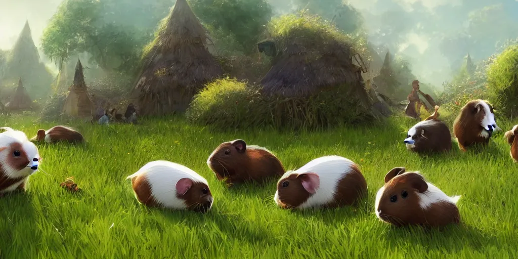 Prompt: a group of guinea pig that are in the grass in front of fairy village, concept art by senior environment artist, cgsociety, furry art, greg rutkowski, artstation hq, playstation 5 screenshot