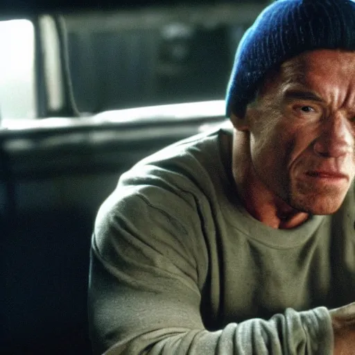 Prompt: cinematic still of arnold schwarzenegger in 8 mile ( 2 0 0 2 ), blueray