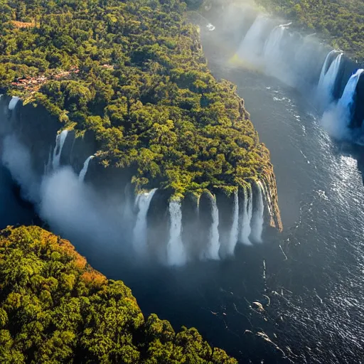 Prompt: a stunning areal photo of victoria falls zambia, zimbabwe. early morning mist