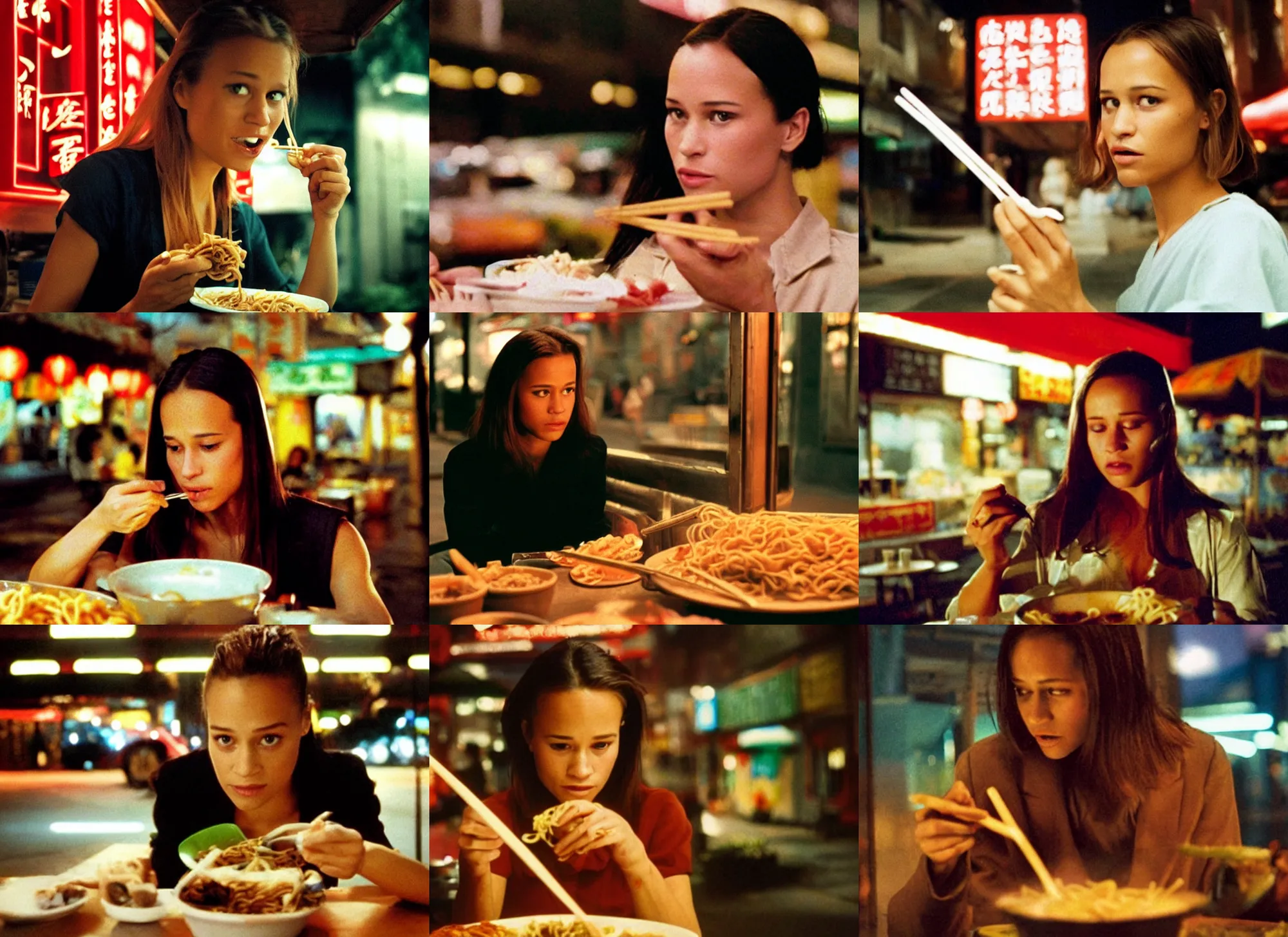 Prompt: A close-up, color outdoor film still of a Alicia Amanda Vikander Eating noodles at a Chinese food stall, ambient lighting at night, from Matrix(1999).