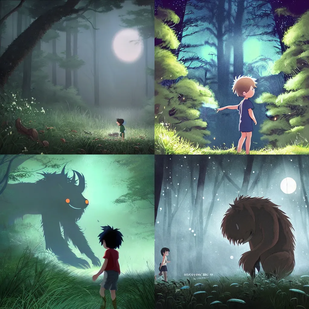 Prompt: ! dream a small boy discovers a giant hairy monster in a misty moonlit forest, surrounded by fireflies, art by studio ghibli, trending cgsociety, cinematic lighting