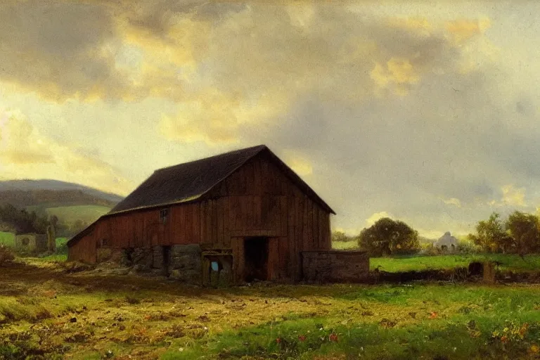 Image similar to a barn in the countryside, reamatic lighting, edward harrison compton