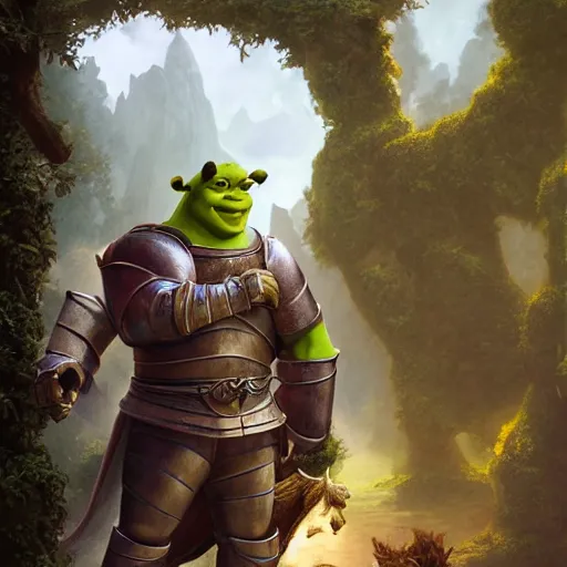 Prompt: shrek as a glorious devout shining powerful epic amazing awesome very handsome attractive muscular stylish knight in shining golden armor riding donkey, fantasy art, highly detailed, photorealistic, octane render, 8 k, unreal engine, art by artgerm and greg rutkowski and alphonse mucha