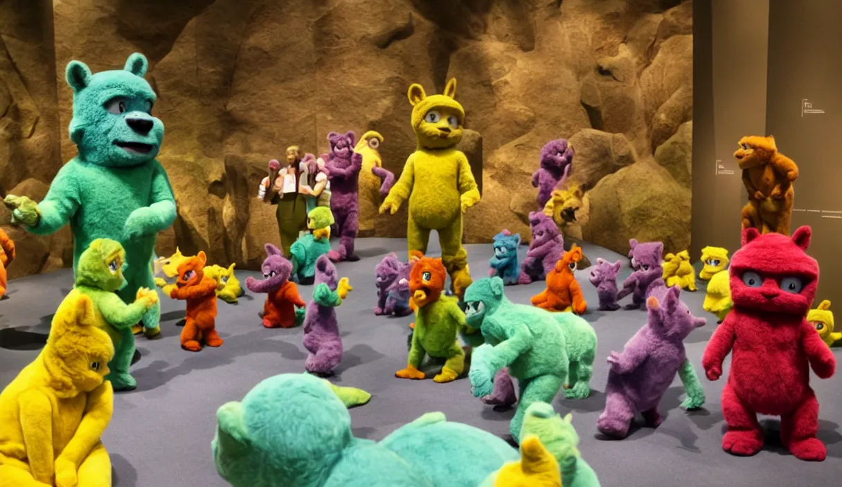 Prompt: diorama at the american museum of natural history, new york, of teletubbies as furry animals