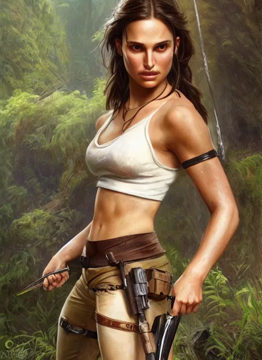 Prompt: ultra realistic entire body and head illustration, young natalie portman as lara croft in nature, intricate, elegant, highly detailed, digital painting, artstation, concept art, smooth, sharp focus, illustration, art by artgerm and greg rutkowski and alphonse mucha