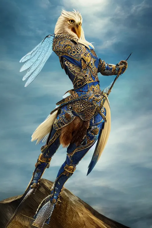 Image similar to realistic detailed photo of ladyhawke, soaring through the sky, blue eyes, woven armour with , intricate complexity, Behance, golden ratio, +fibanci background, vray, rich deep colors
