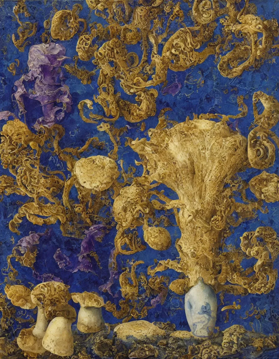 Prompt: vase of mushroom in a blue sky and under the sea decorated with a dense field of stylized scrolls that have opaque purple outlines, with jellyfishes, ambrosius benson, oil on canvas, hyperrealism, light color, no hard shadow, around the edges there are no objects