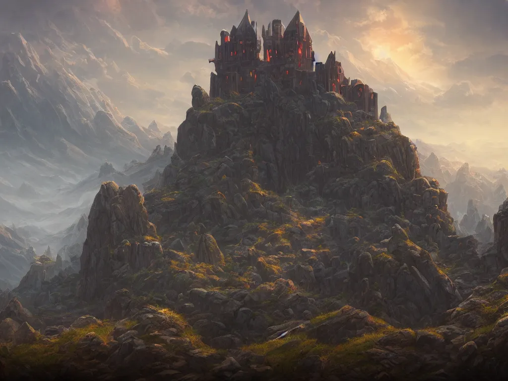 Prompt: dwarwen iron castle on a gray rock mountain; by noah bradley; hyperrealistic, 4K wallpaper, cinematic lighting, highly detailed and beautiful