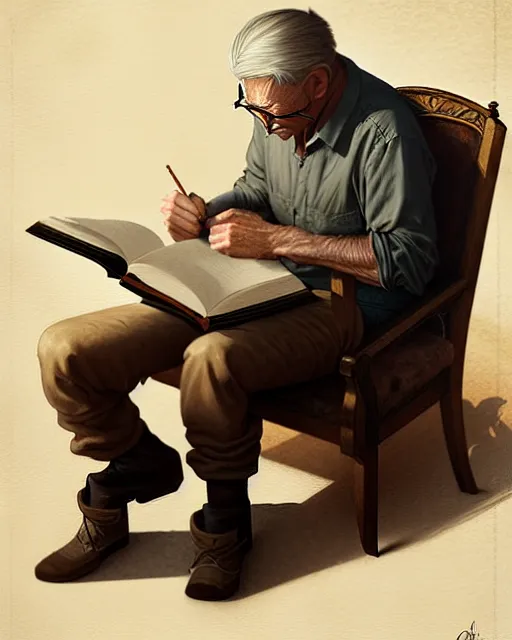 Image similar to old male scribe writing a book | | realistic shaded, fine details, realistic shaded lighting poster by greg rutkowski, diego gisbert llorens, magali villeneuve, artgerm, jeremy lipkin and rob rey