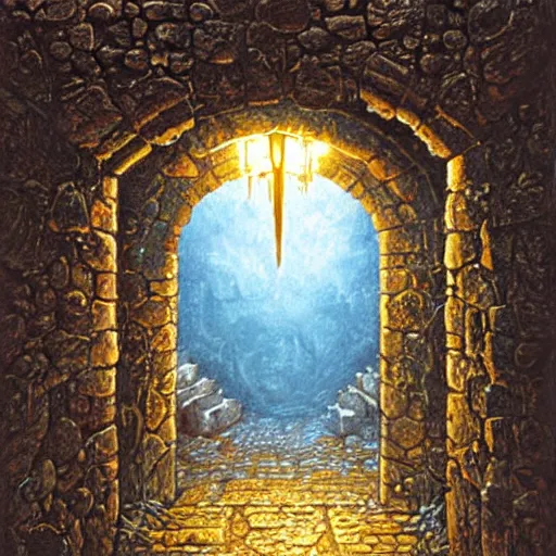 Prompt: A glowing archway covered in brass runes at the end of a stone hallway, evil, art by jeff easley