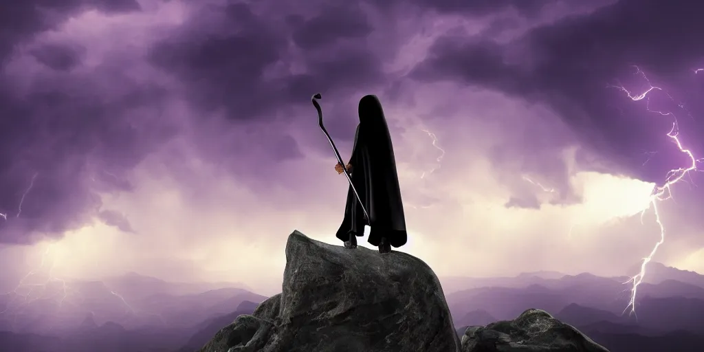 Image similar to the grim reaper standing on a rocky mountain shredding a guitar in a thunderstorm on a purple sky, widescreen