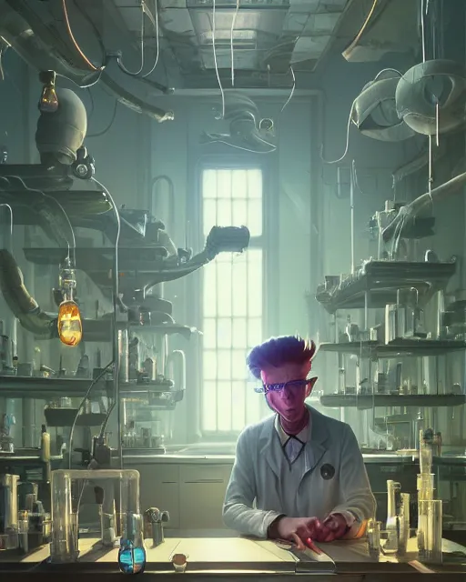 Image similar to highly detailed surreal vfx portrait of a mad cat scientist in weird laboratory, stephen bliss, unreal engine, greg rutkowski, loish, rhads, beeple, makoto shinkai and lois van baarle, ilya kuvshinov, rossdraws, tom bagshaw, alphonse mucha, global illumination, detailed and intricate environment