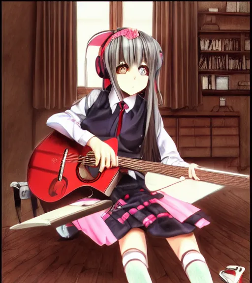 Image similar to a cute school girl is playing guitar on bedroom floor in detailed anime manga painting drawing style squareenix 3d unreal trending on artstation pixiv skeb deviantart realistic hd frank Miller sorayama giger ito junji