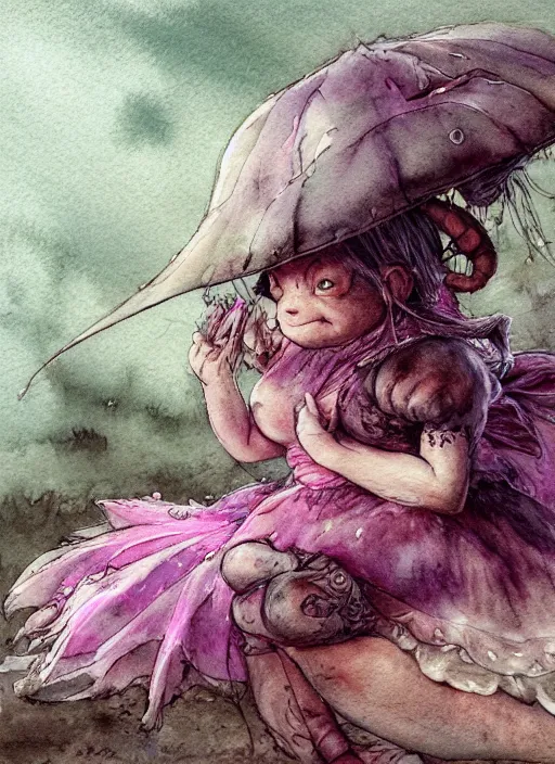 Image similar to A fat goblin princess with a tattered pink tutu, mushroom parasol watercolor, dramatic lighting, cinematic, establishing shot, extremely high detail, foto realistic, cinematic lighting, pen and ink, intricate line drawings, by Yoshitaka Amano, Ruan Jia, Kentaro Miura, Artgerm, post processed, concept art, artstation, matte painting, style by eddie mendoza, raphael lacoste, alex ross