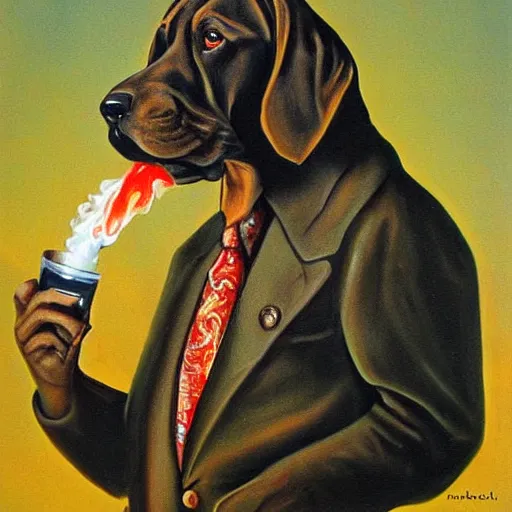 Prompt: a bloodhound smoking a fat blunt oil painting by surreal art 1 9 4 0