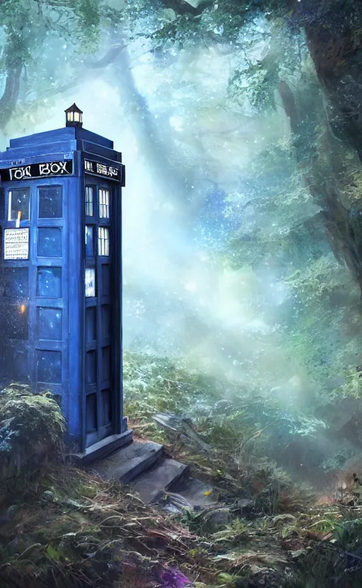 Image similar to a portrait of a tardis, in the woods, dynamic lighting, photorealistic fantasy concept art, trending on art station, stunning visuals, creative, cinematic, ultra detailed