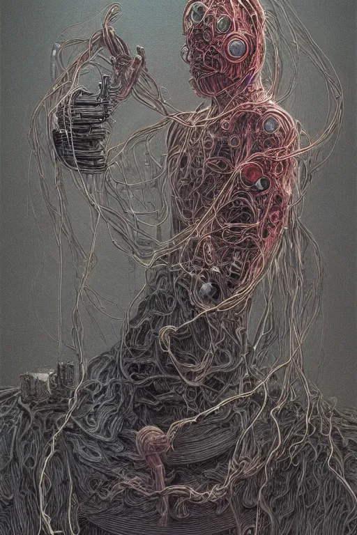 Image similar to painting of a cloaked tech priest holding a book, cybernetic enhancements attached to his body, covered in wiring, Zdzislaw Beksinski, Lewis Jones, mattias adolfsson, Warhammer 40K!!, cold hue's, cold tone gradient background, concept art, digital painting