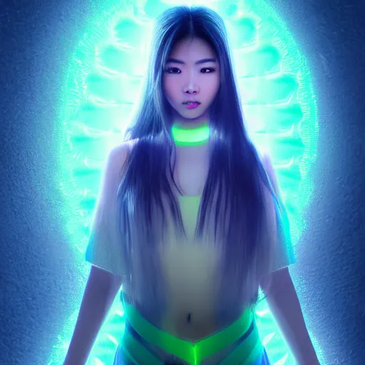 Prompt: a portrait of a full body beautiful futuristic asian girl, wearing kimono, young with long hair, neon bioluminescence, horror scene, hyper - realistic, very detailed, intricate, very sexy pose, slight smile expression, unreal engine, dramatic cinematic lighting rendered by octane, 8 k, detailed