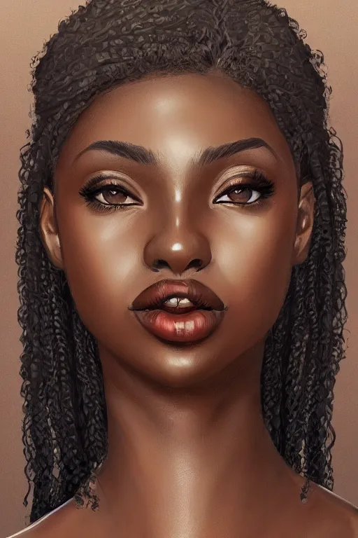 Prompt: A bust of a tall black skinned girl with large lips and smooth eyebrows and wavy hair, HD, illustration, epic, fantasy, intricate, elegant, amazing detail, digital painting, artstation, concept art, smooth, sharp focus, illustration, art by Turine Tran