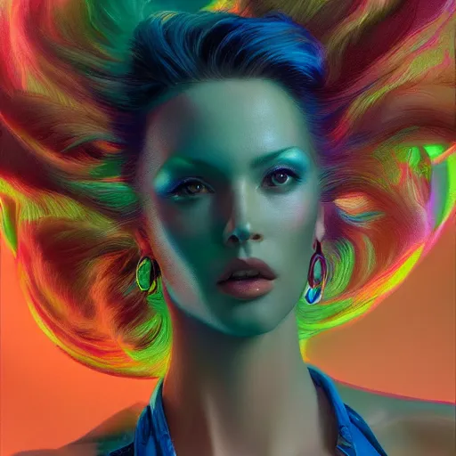 Image similar to Beautiful Professional Model in a Dream Neon Suit, detailed, centered, digital painting, artstation, concept art, donato giancola, Joseph Christian Leyendecker, WLOP, Boris Vallejo, Breathtaking, 8k resolution, extremely detailed, beautiful, establishing shot, artistic, hyperrealistic, beautiful face, octane render, cinematic lighting, dramatic lighting, masterpiece