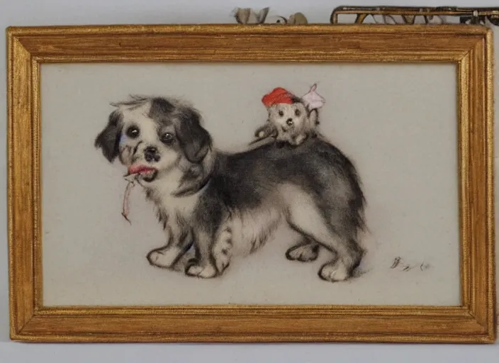 Image similar to Louis Icart, an old elaborate colored drawing of adorable little puppies by Louis Icart, highly detailed, masterpiece