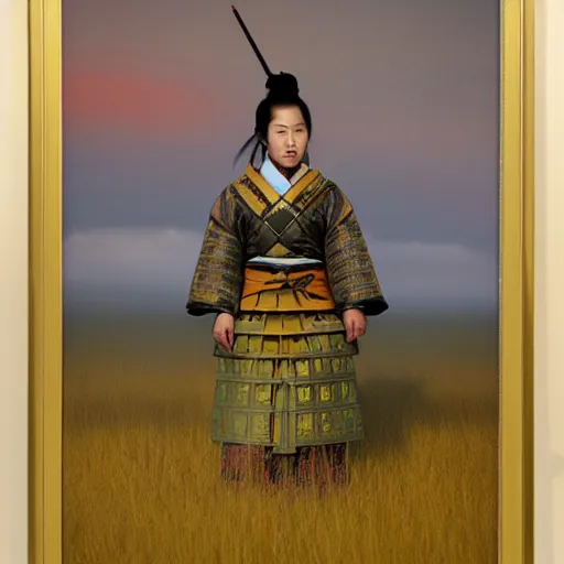 Image similar to female samurai standing in a field in the style of Ruan Jia, golden hour