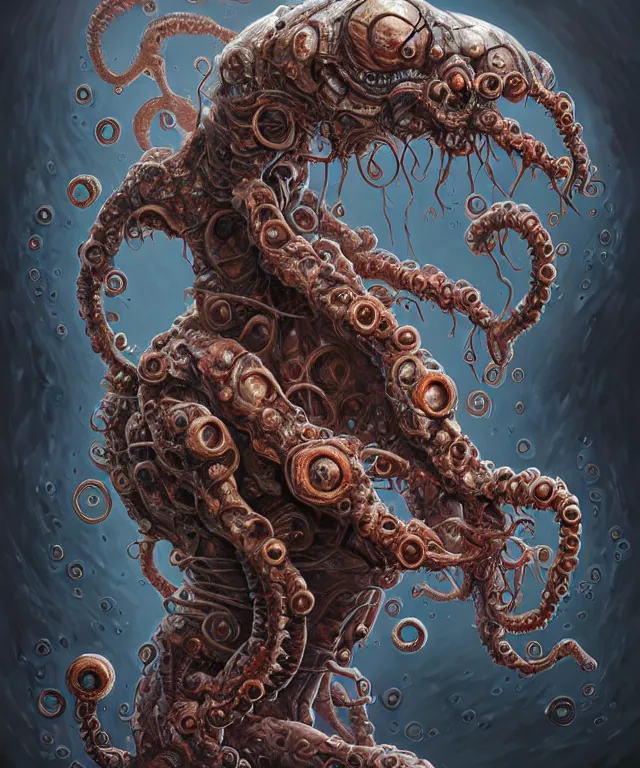 Image similar to hziulquoigmnzhah, head dangling underneath body!!!!, spherical body, elongated arms, short legs, lovecraftian horror!, surrealism, fantasy, intricate, elegant, highly detailed, digital painting, artstation, concept art, matte, sharp focus, illustration, art by keith thompson and christopher lane