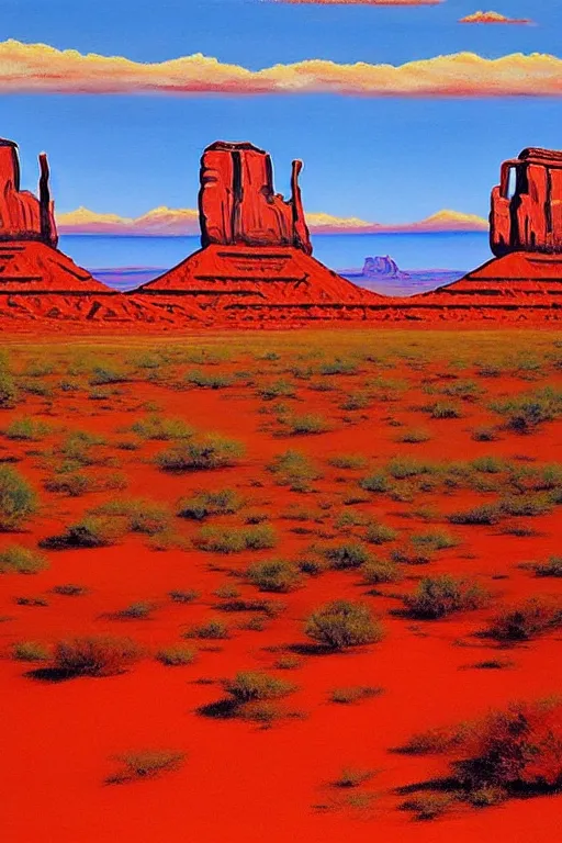 Image similar to bob ross painting of monument valley he valley is in both arizona and utah and is a famous and iconic landscape. featured in movies and advertisements, monument valley is a stark, red desert landscape that is interrupted only by huge, towering monolithic red rocks or monuments that jut upright throughout the valley. some of these monuments stand over 1, 0 0 0 feet tall