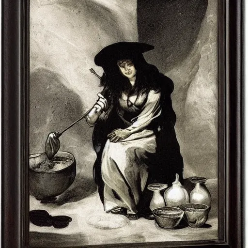 Prompt: A witch making potions in her cauldron. By Francisco de Goya.